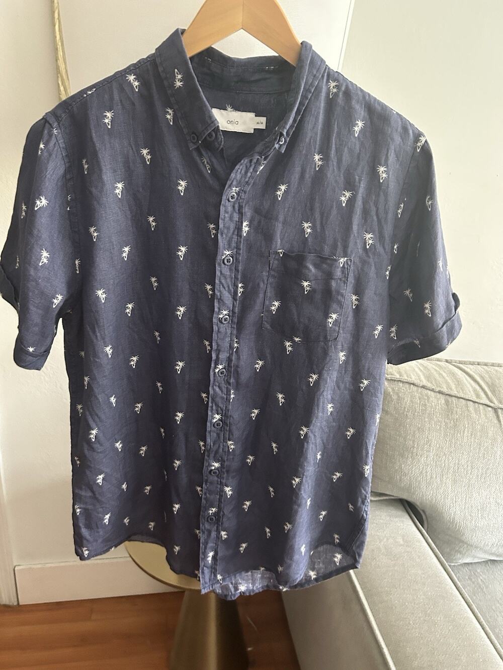 Onia Mens Blue Linen Shirt M Hawaiian Tropical Palm Tree Short Sleeve Camp